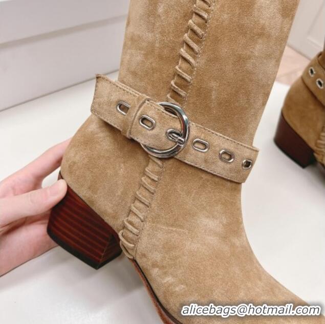 Low Cost Celine Suede High Boots 4.5cm with Buckle and Braided Trim Dark Beige 1223106