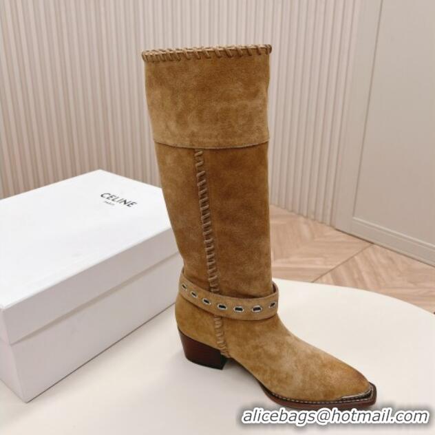 Low Cost Celine Suede High Boots 4.5cm with Buckle and Braided Trim Dark Beige 1223106