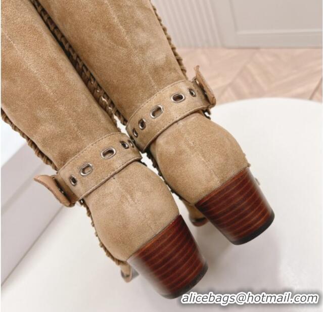 Low Cost Celine Suede High Boots 4.5cm with Buckle and Braided Trim Dark Beige 1223106