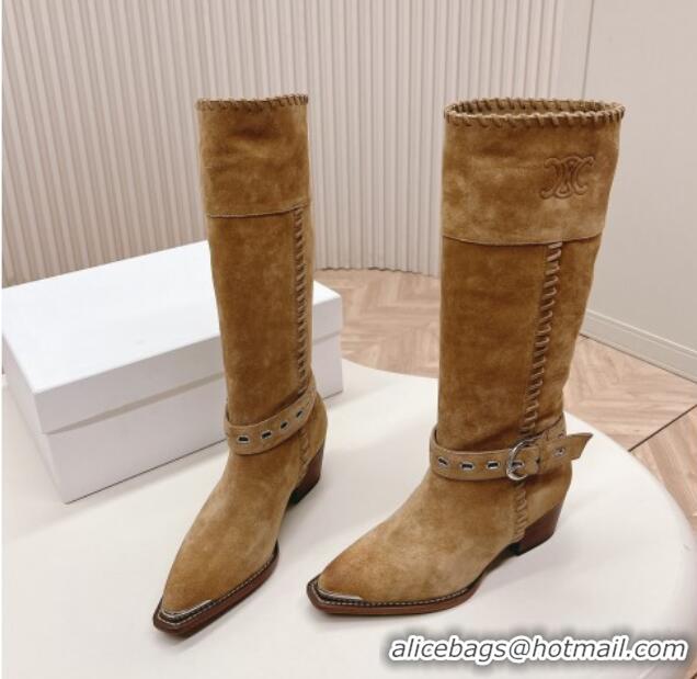 Low Cost Celine Suede High Boots 4.5cm with Buckle and Braided Trim Dark Beige 1223106