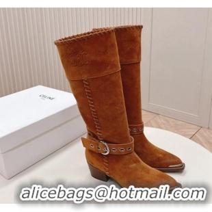 Top Grade Celine Suede High Boots 4.5cm with Buckle and Braided Trim Tan Brown 1223107