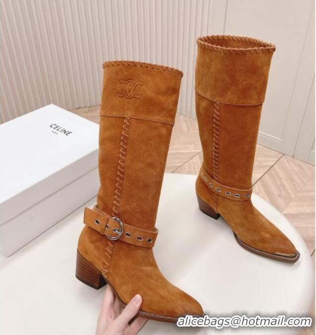 Top Grade Celine Suede High Boots 4.5cm with Buckle and Braided Trim Tan Brown 1223107