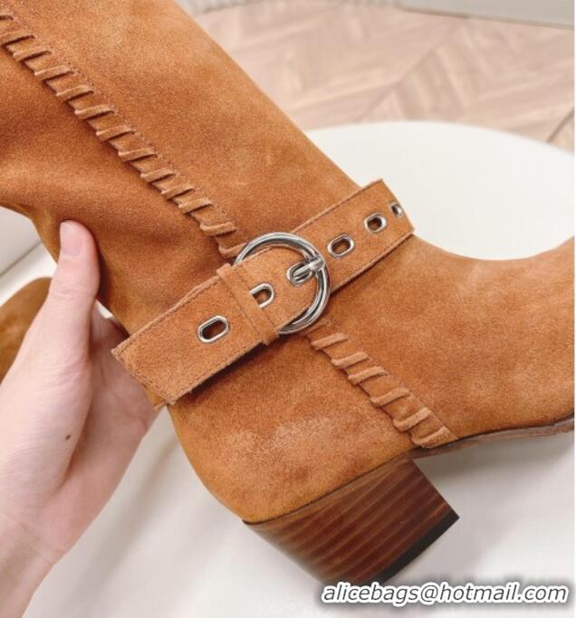 Top Grade Celine Suede High Boots 4.5cm with Buckle and Braided Trim Tan Brown 1223107