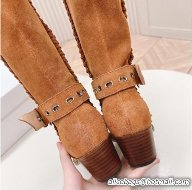 Top Grade Celine Suede High Boots 4.5cm with Buckle and Braided Trim Tan Brown 1223107