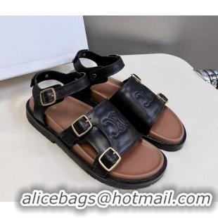 Unique Style Celine Mino Flat Sandals in Calfskin with Buckle Black 1223108