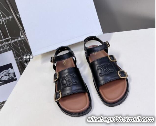 Unique Style Celine Mino Flat Sandals in Calfskin with Buckle Black 1223108