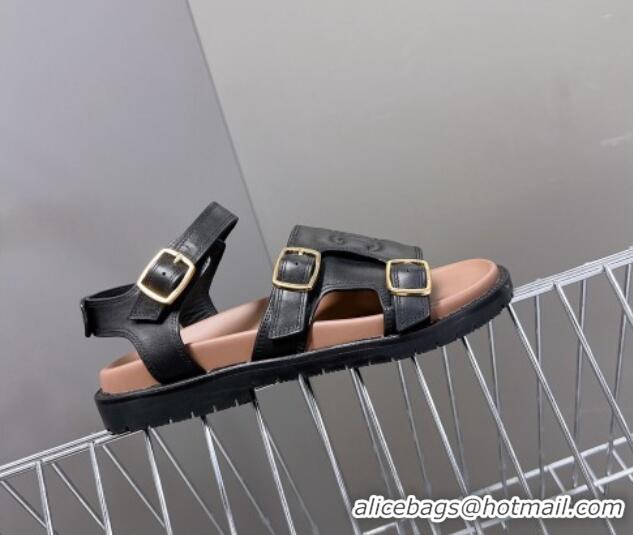 Unique Style Celine Mino Flat Sandals in Calfskin with Buckle Black 1223108