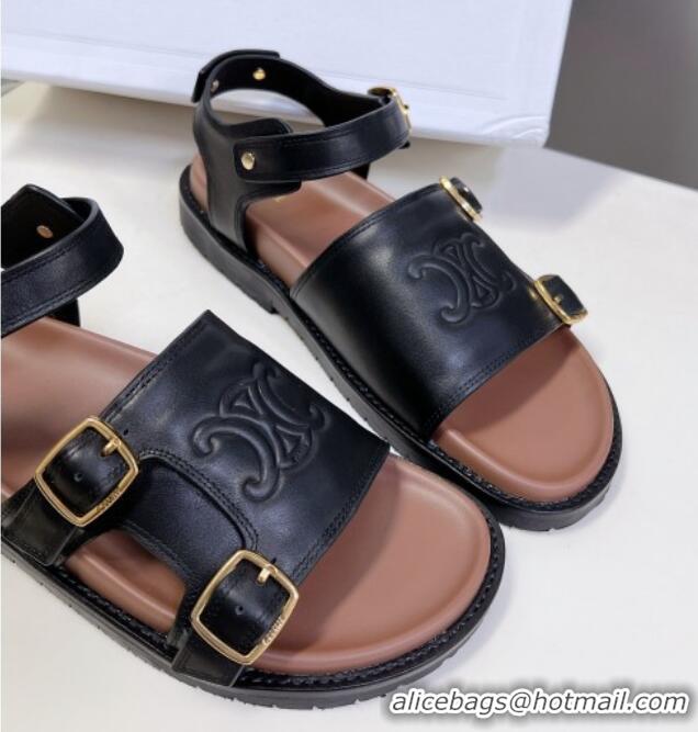 Unique Style Celine Mino Flat Sandals in Calfskin with Buckle Black 1223108