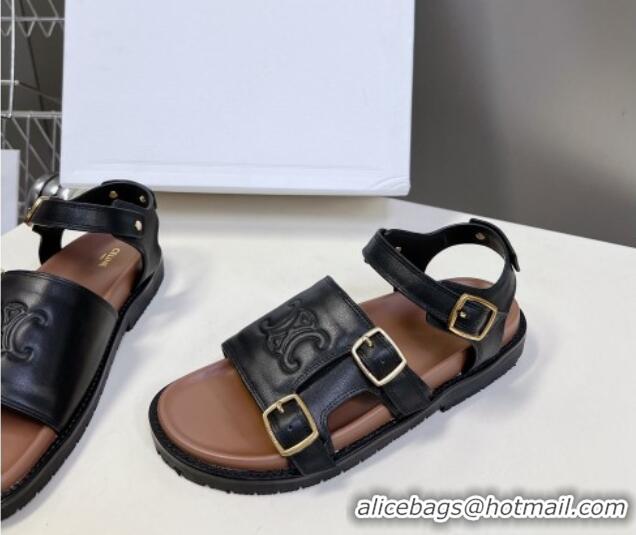 Unique Style Celine Mino Flat Sandals in Calfskin with Buckle Black 1223108