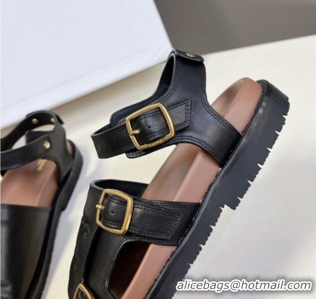 Unique Style Celine Mino Flat Sandals in Calfskin with Buckle Black 1223108