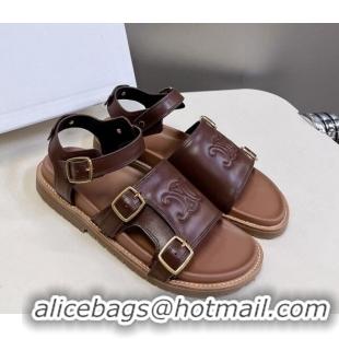 Good Product Celine Mino Flat Sandals in Calfskin with Buckle Dark Brown 1223109