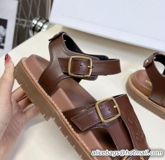 Good Product Celine Mino Flat Sandals in Calfskin with Buckle Dark Brown 1223109