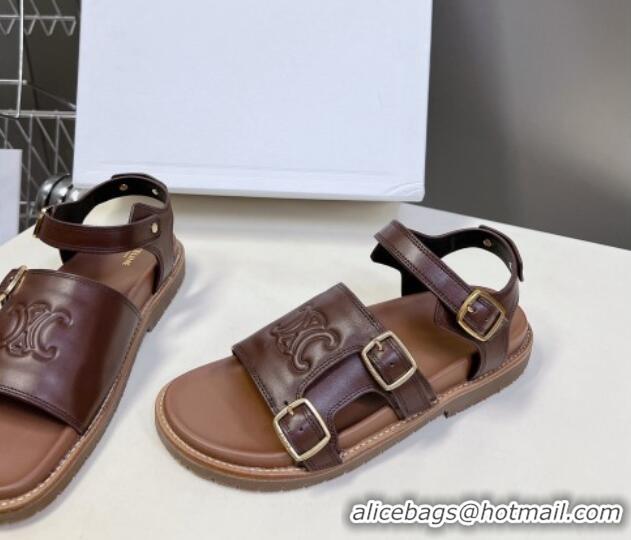 Good Product Celine Mino Flat Sandals in Calfskin with Buckle Dark Brown 1223109