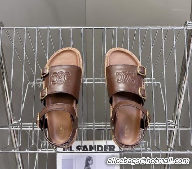 Good Product Celine Mino Flat Sandals in Calfskin with Buckle Dark Brown 1223109