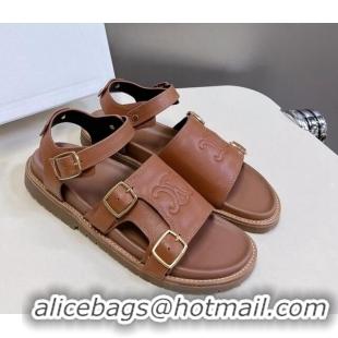 Luxurious Celine Mino Flat Sandals in Calfskin with Buckle Tan Brown 1223110