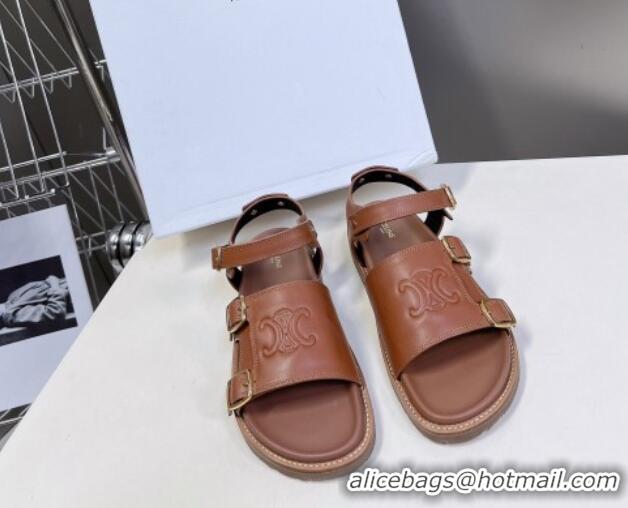 Luxurious Celine Mino Flat Sandals in Calfskin with Buckle Tan Brown 1223110