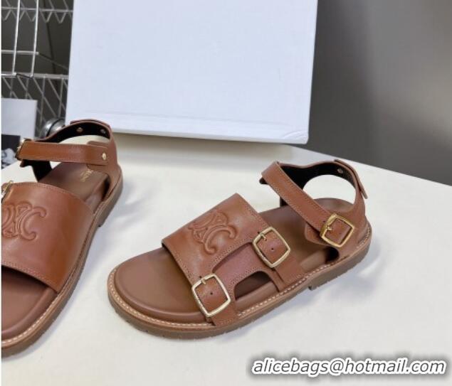 Luxurious Celine Mino Flat Sandals in Calfskin with Buckle Tan Brown 1223110