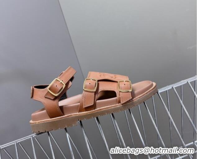 Luxurious Celine Mino Flat Sandals in Calfskin with Buckle Tan Brown 1223110