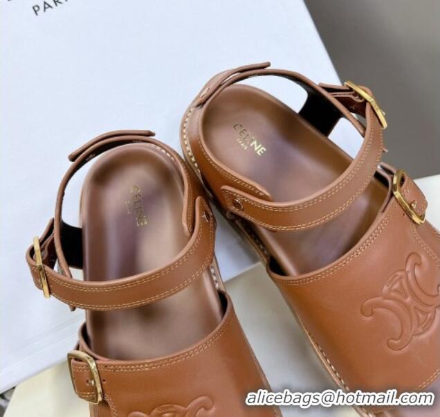 Luxurious Celine Mino Flat Sandals in Calfskin with Buckle Tan Brown 1223110