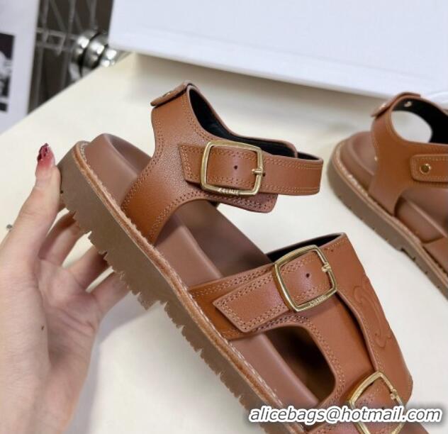 Luxurious Celine Mino Flat Sandals in Calfskin with Buckle Tan Brown 1223110