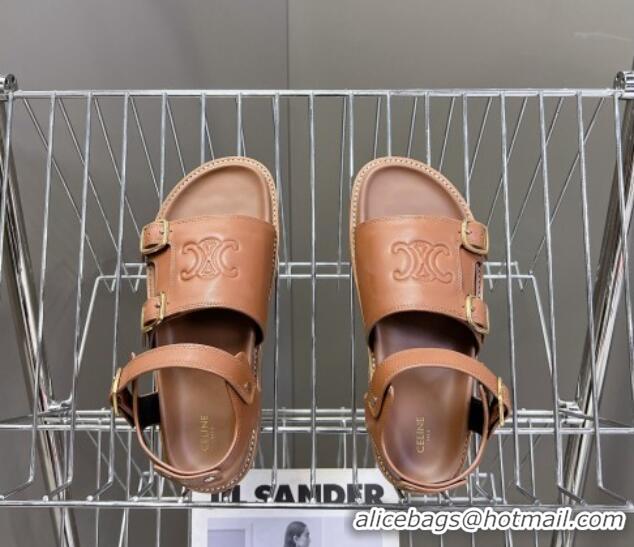 Luxurious Celine Mino Flat Sandals in Calfskin with Buckle Tan Brown 1223110