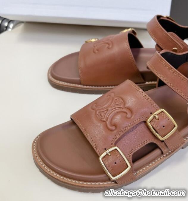 Luxurious Celine Mino Flat Sandals in Calfskin with Buckle Tan Brown 1223110