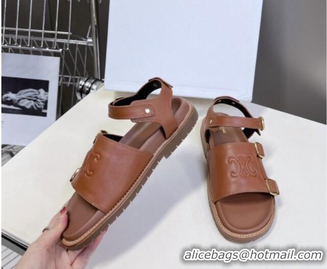 Luxurious Celine Mino Flat Sandals in Calfskin with Buckle Tan Brown 1223110