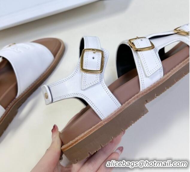 Good Quality Celine Mino Flat Sandals in Calfskin with Buckle White 1223111