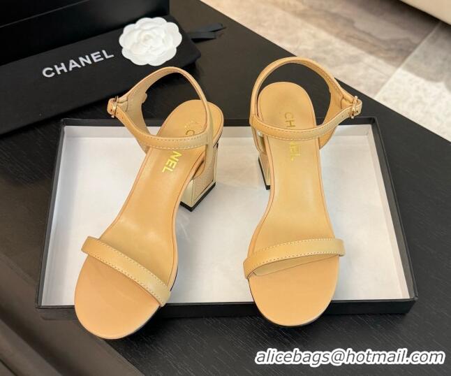 Good Quality Chanel Lambskin Heel Sandals 7cm Beige G45235 0102005