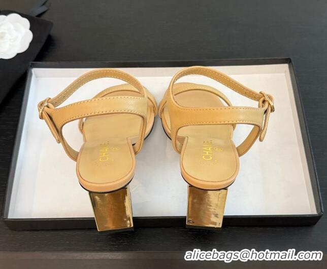 Good Quality Chanel Lambskin Heel Sandals 7cm Beige G45235 0102005