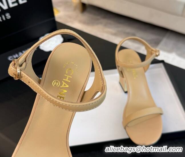 Good Quality Chanel Lambskin Heel Sandals 7cm Beige G45235 0102005