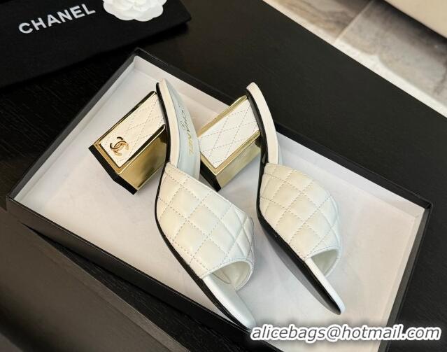 Best Product Chanel Quilted Lambskin Heel Slides Sandal 7cm White G45235 0102007