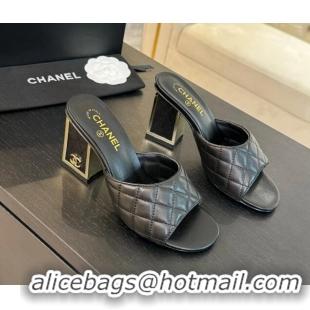 Good Quality Chanel Quilted Lambskin Heel Slides Sandal 7cm Black G45235 0102008