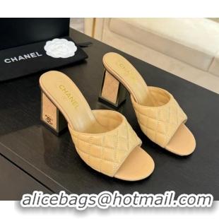 Grade Quality Chanel Quilted Lambskin Heel Slides Sandal 7cm Beige G45235 0102009