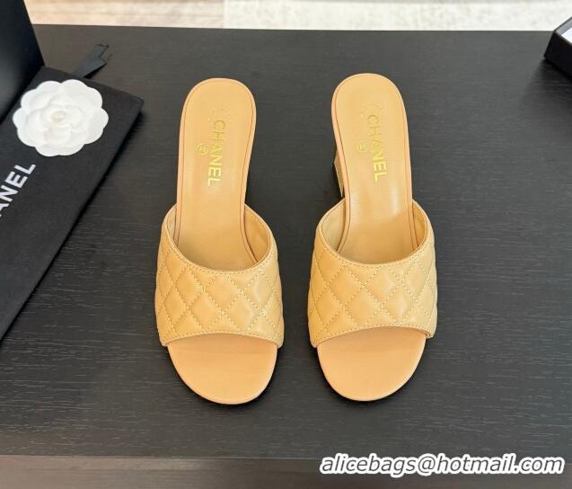 Grade Quality Chanel Quilted Lambskin Heel Slides Sandal 7cm Beige G45235 0102009