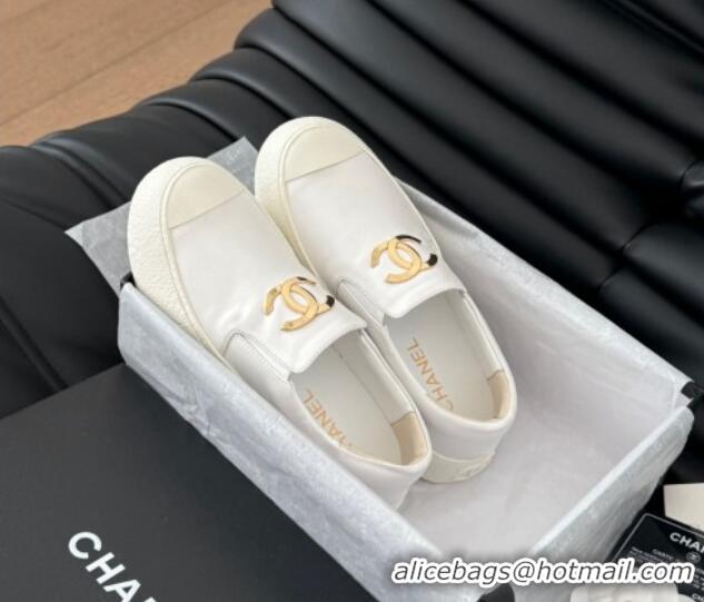 Best Grade Chanel Calfskin Slip-on Sneakers White 0102014