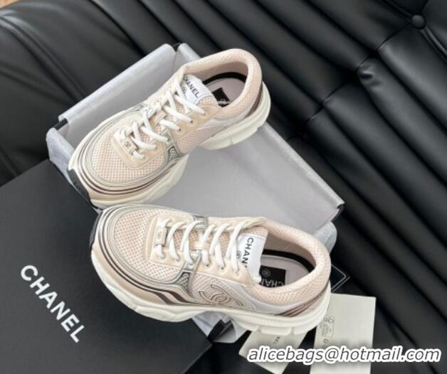 Top Design Chanel Mesh & Calfskin Sneakers Beige 0102021