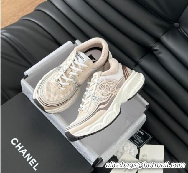 Top Design Chanel Mesh & Calfskin Sneakers Beige 0102021