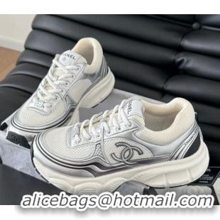 Luxurious Chanel Mesh & Calfskin Sneakers Silver 102023