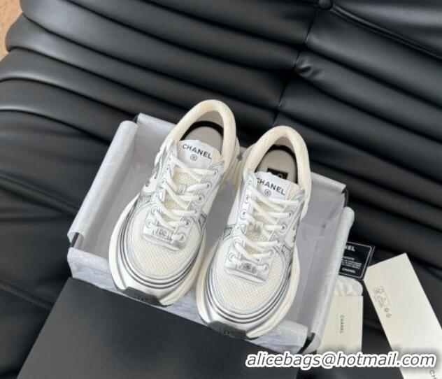 Luxurious Chanel Mesh & Calfskin Sneakers Silver 102023