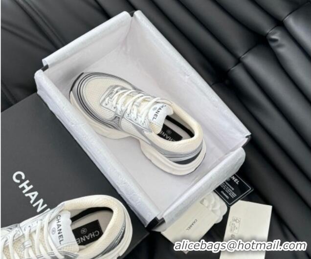 Luxurious Chanel Mesh & Calfskin Sneakers Silver 102023