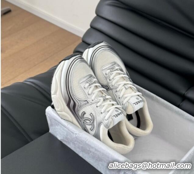 Luxurious Chanel Mesh & Calfskin Sneakers Silver 102023