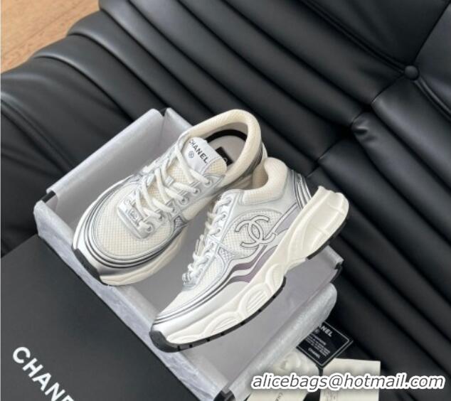 Luxurious Chanel Mesh & Calfskin Sneakers Silver 102023