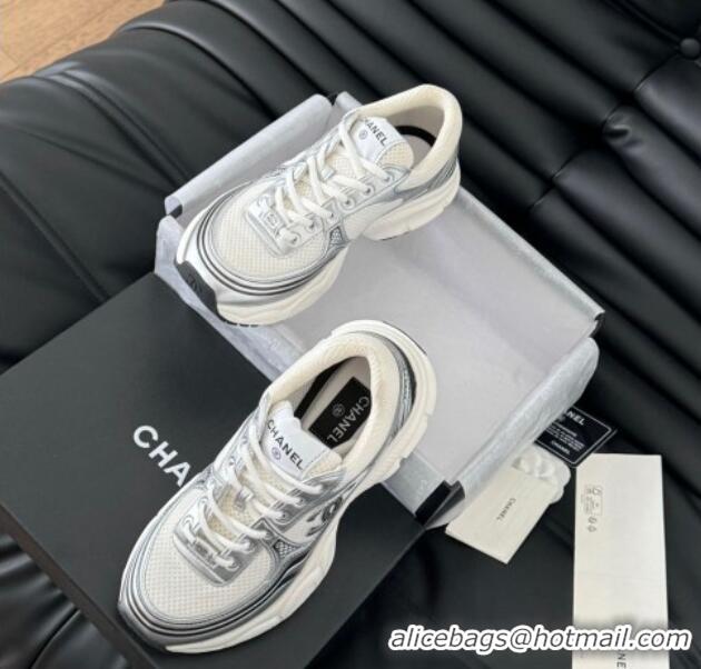 Luxurious Chanel Mesh & Calfskin Sneakers Silver 102023