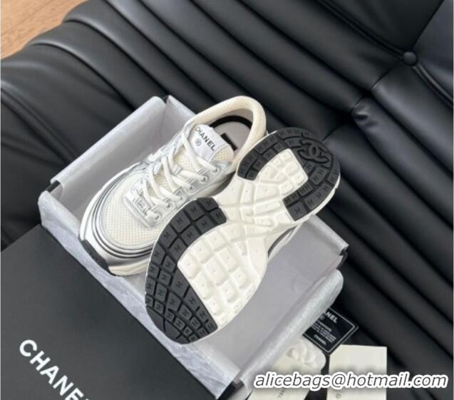 Luxurious Chanel Mesh & Calfskin Sneakers Silver 102023