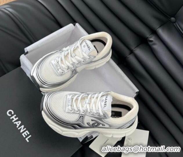 Luxurious Chanel Mesh & Calfskin Sneakers Silver 102023