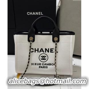 Luxurious Chanel Deauville Cotton & Calfskin Medium Shopping Bag CH0113 White/Black 2025