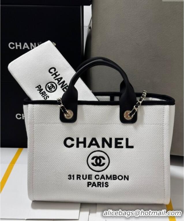 Luxurious Chanel Deauville Cotton & Calfskin Medium Shopping Bag CH0113 White/Black 2025