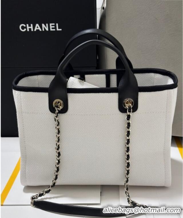 Luxurious Chanel Deauville Cotton & Calfskin Medium Shopping Bag CH0113 White/Black 2025