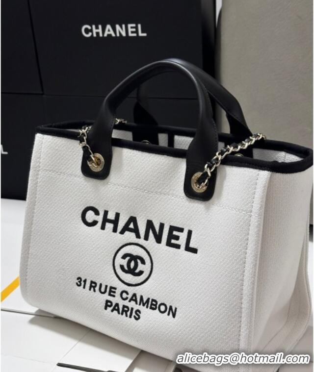 Luxurious Chanel Deauville Cotton & Calfskin Medium Shopping Bag CH0113 White/Black 2025